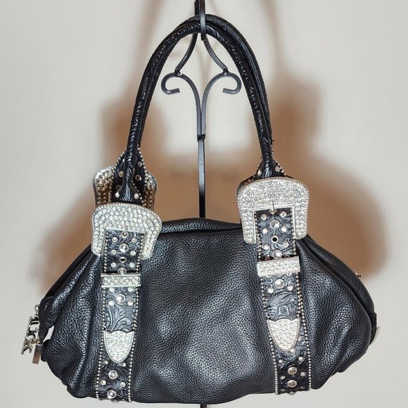Charm and luck black genuine learher weatern rhinestone buckle handbag - Picture 3 of 6